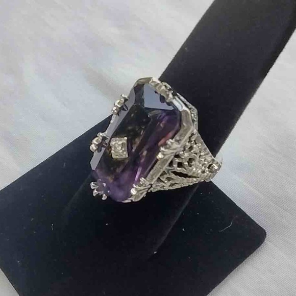 Large  Silver Tone Clear Purple Stone Ring with CZ Accent / Antique Reproduction - Picture 10 of 14